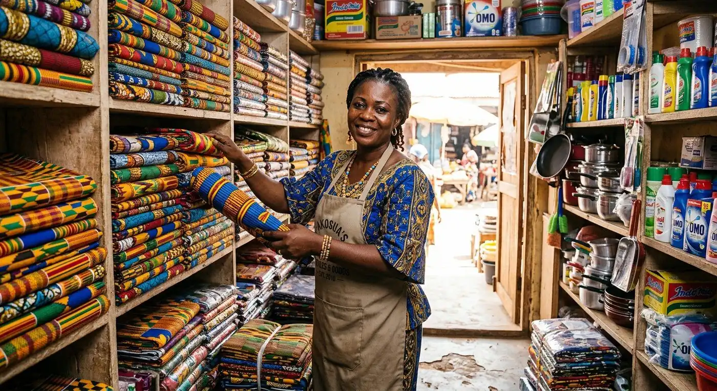 A Ghanaian trader stocking her shop, financed through Ziope Rural Bank