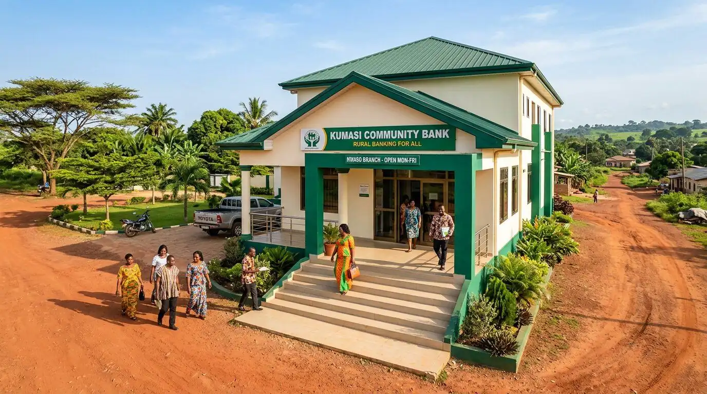 Ziope Rural Bank branch with customers arriving in the morning